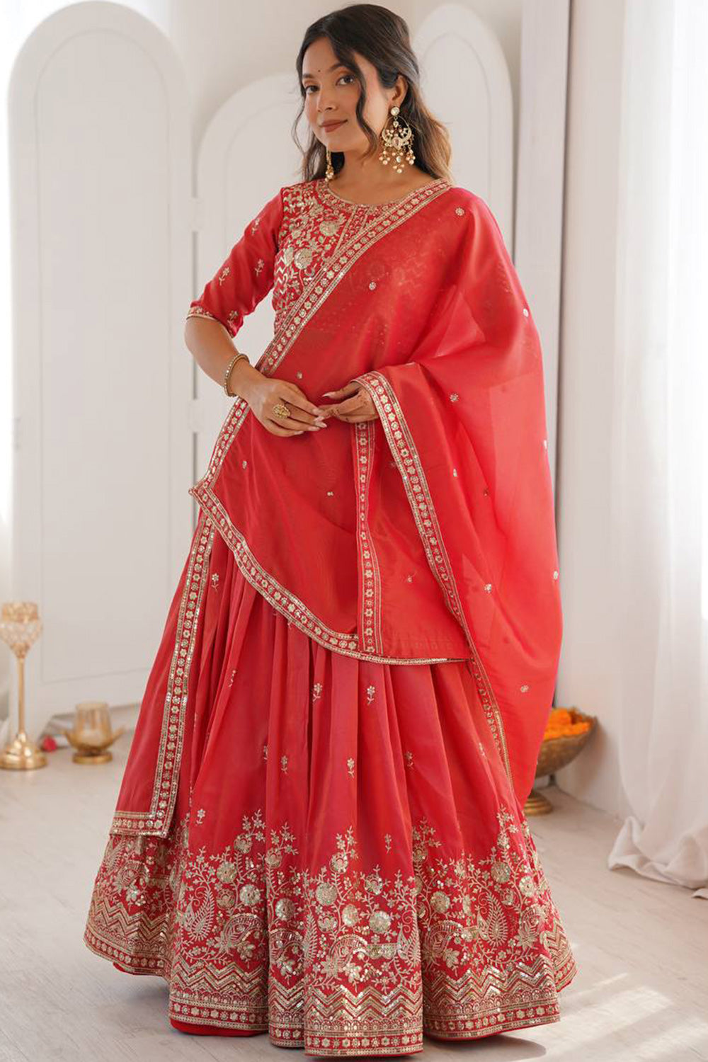 Women's Semi-Stitched Lehenga Choli with Embroidered Blouse and Matching Border Dupatta Set