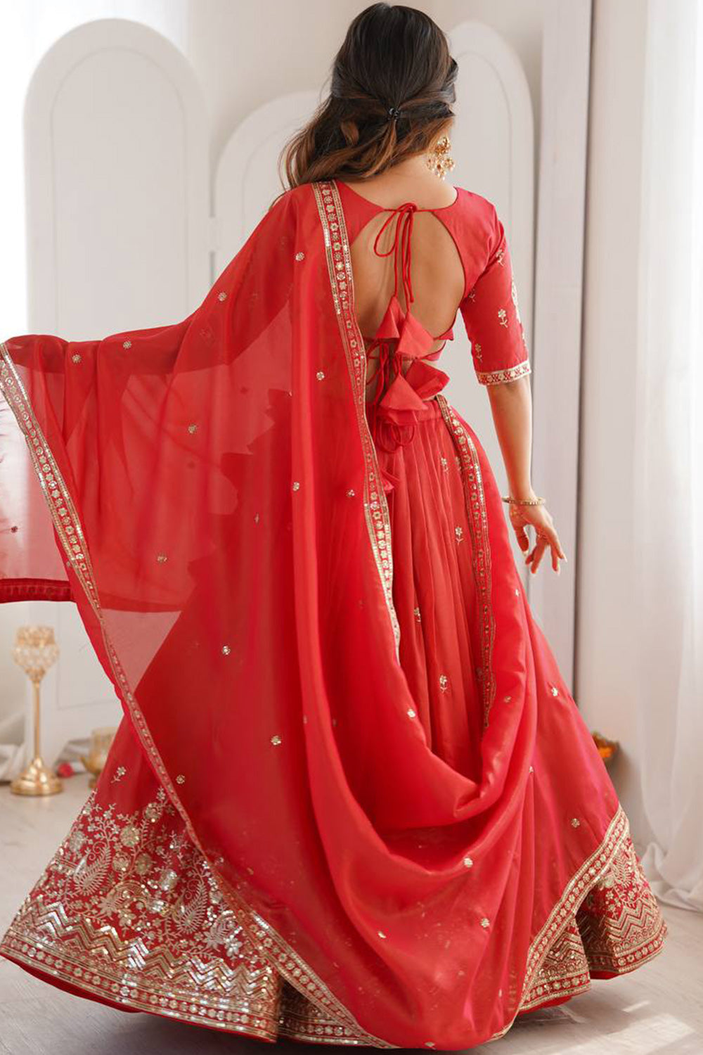 Women's Semi-Stitched Lehenga Choli with Embroidered Blouse and Matching Border Dupatta Set