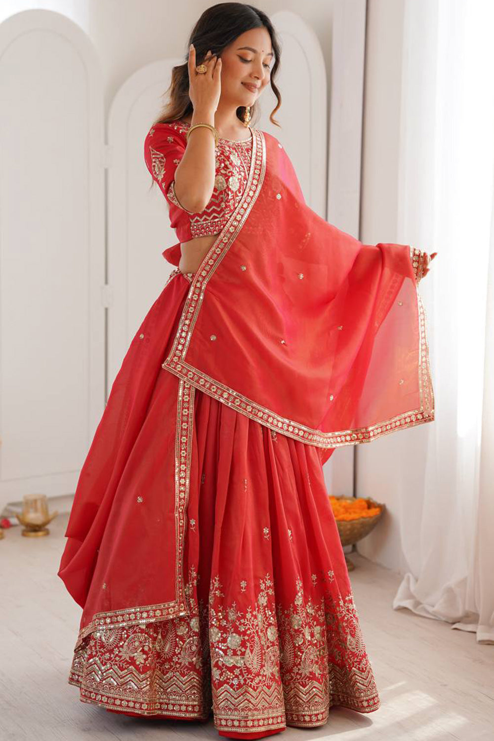 Women's Semi-Stitched Lehenga Choli with Embroidered Blouse and Matching Border Dupatta Set