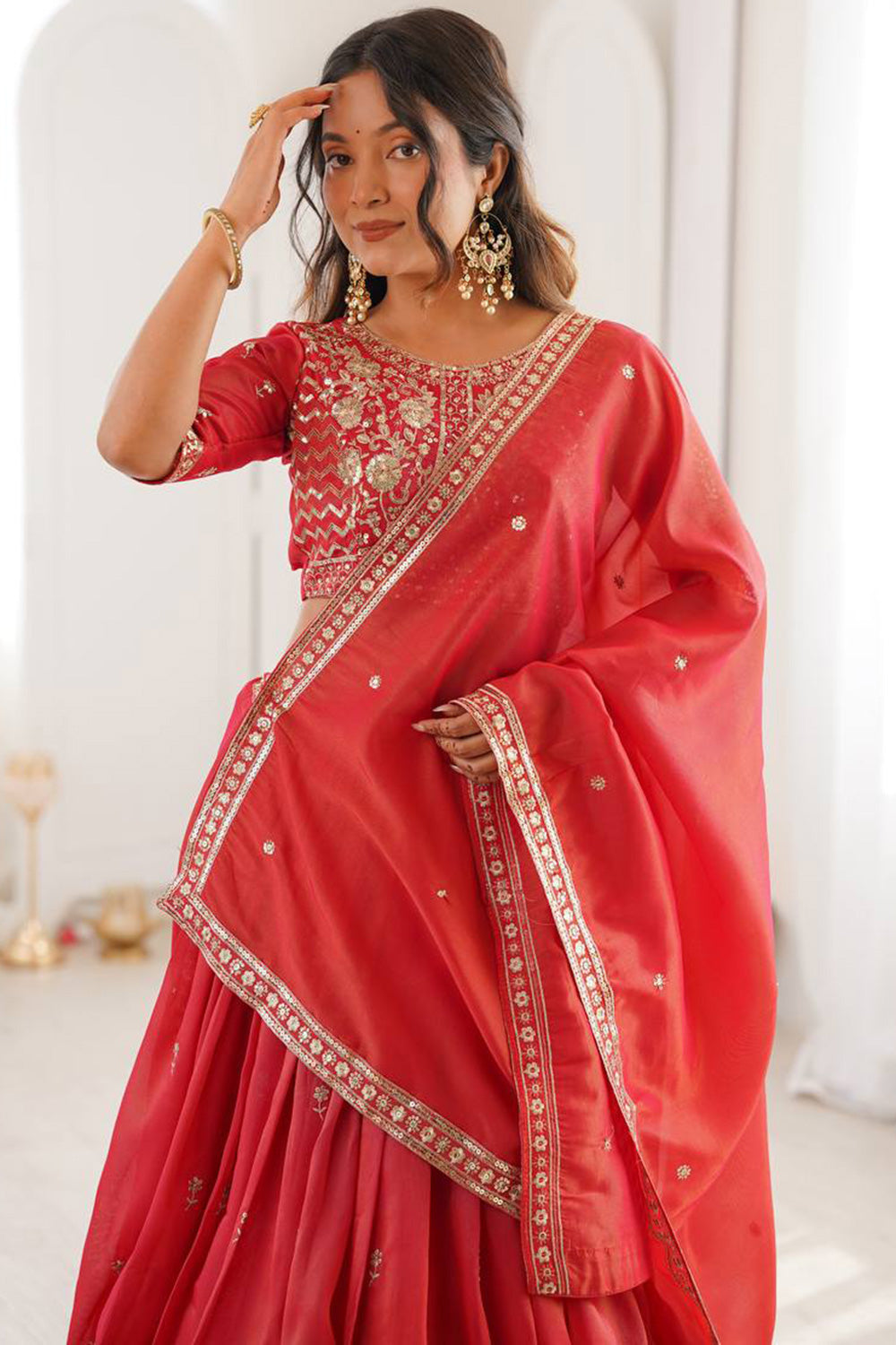 Women's Semi-Stitched Lehenga Choli with Embroidered Blouse and Matching Border Dupatta Set