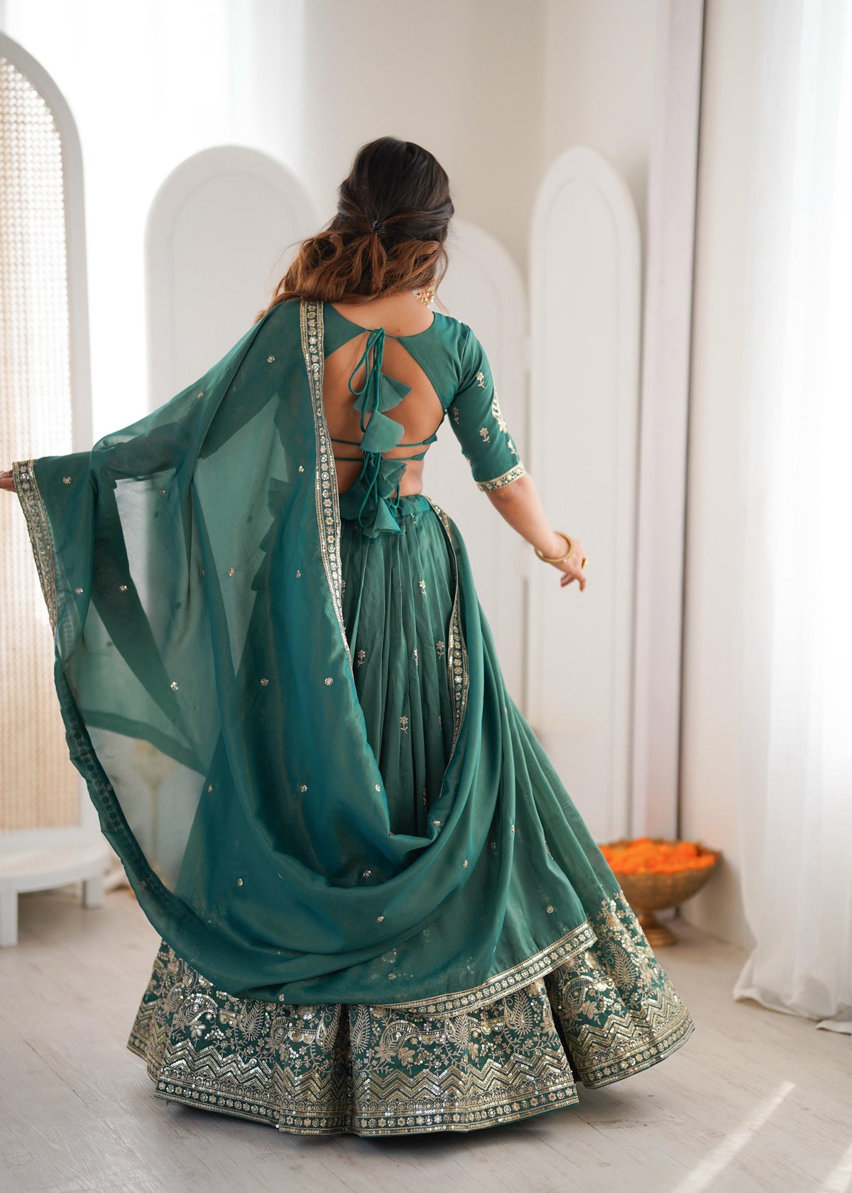 Women's Semi-Stitched Lehenga Choli with Embroidered Blouse and Matching Border Dupatta Set