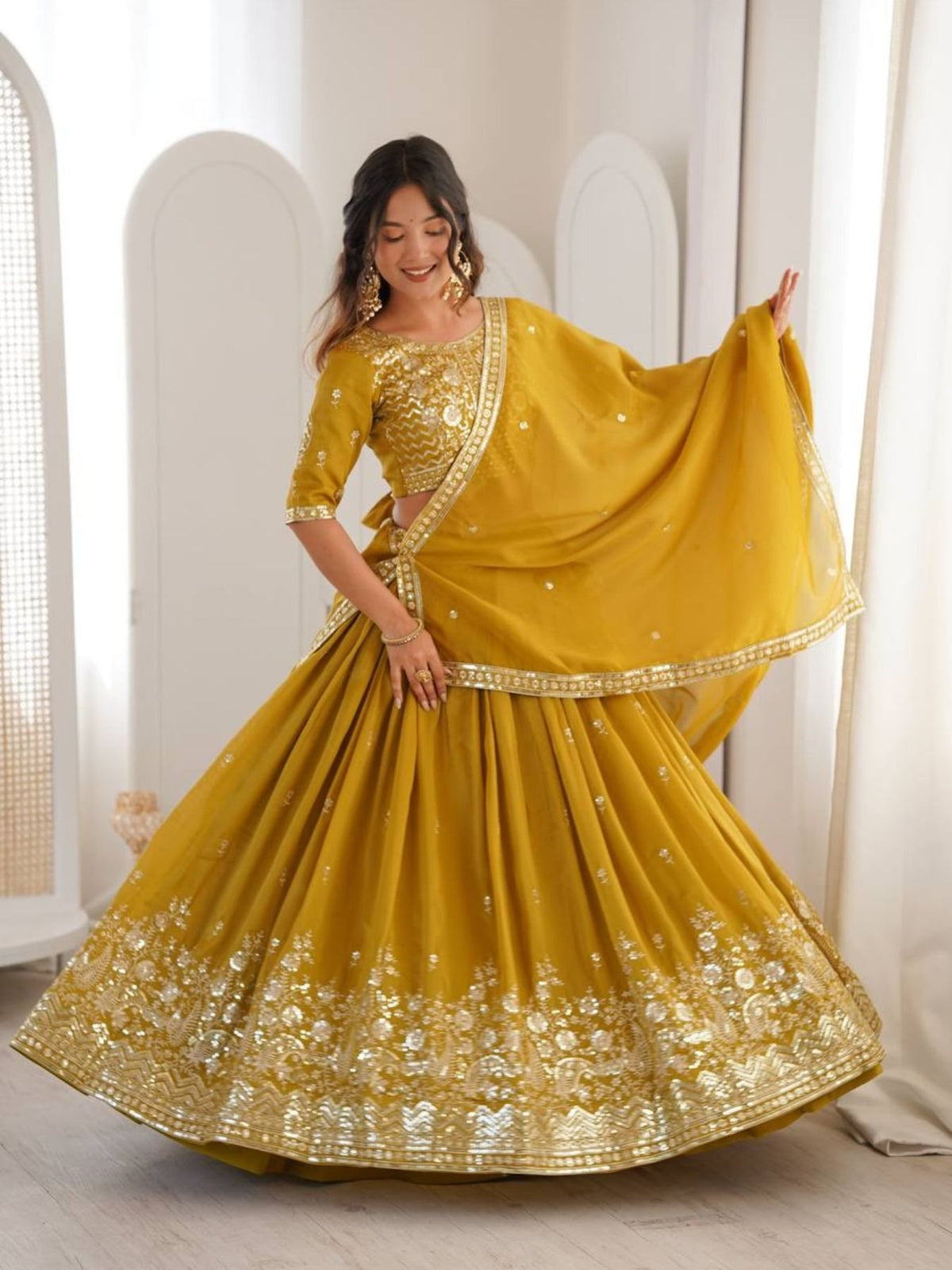 Women's Semi-Stitched Lehenga Choli with Embroidered Blouse and Matching Border Dupatta Set