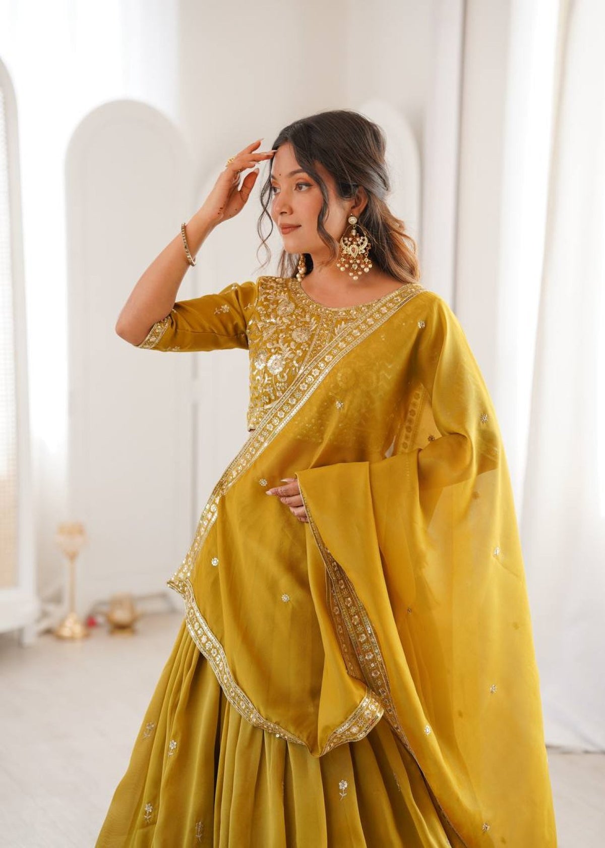 Women's Semi-Stitched Lehenga Choli with Embroidered Blouse and Matching Border Dupatta Set