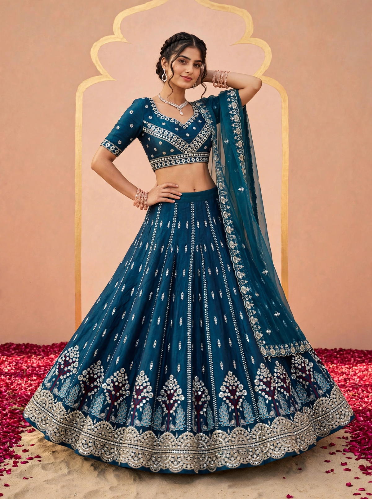 Women’s Embroidered unstitched Lehenga Choli Set with Dupatta Designer Flared Lehenga with Embellished Blouse and Embroidered Dupatta