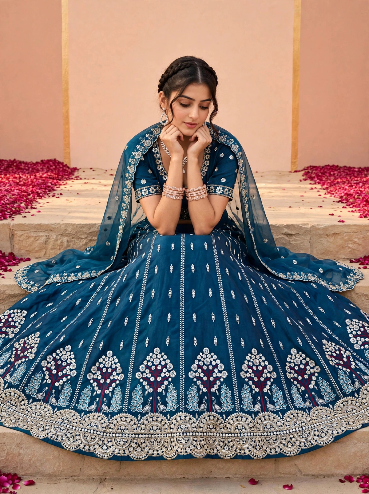 Women’s Embroidered unstitched Lehenga Choli Set with Dupatta Designer Flared Lehenga with Embellished Blouse and Embroidered Dupatta