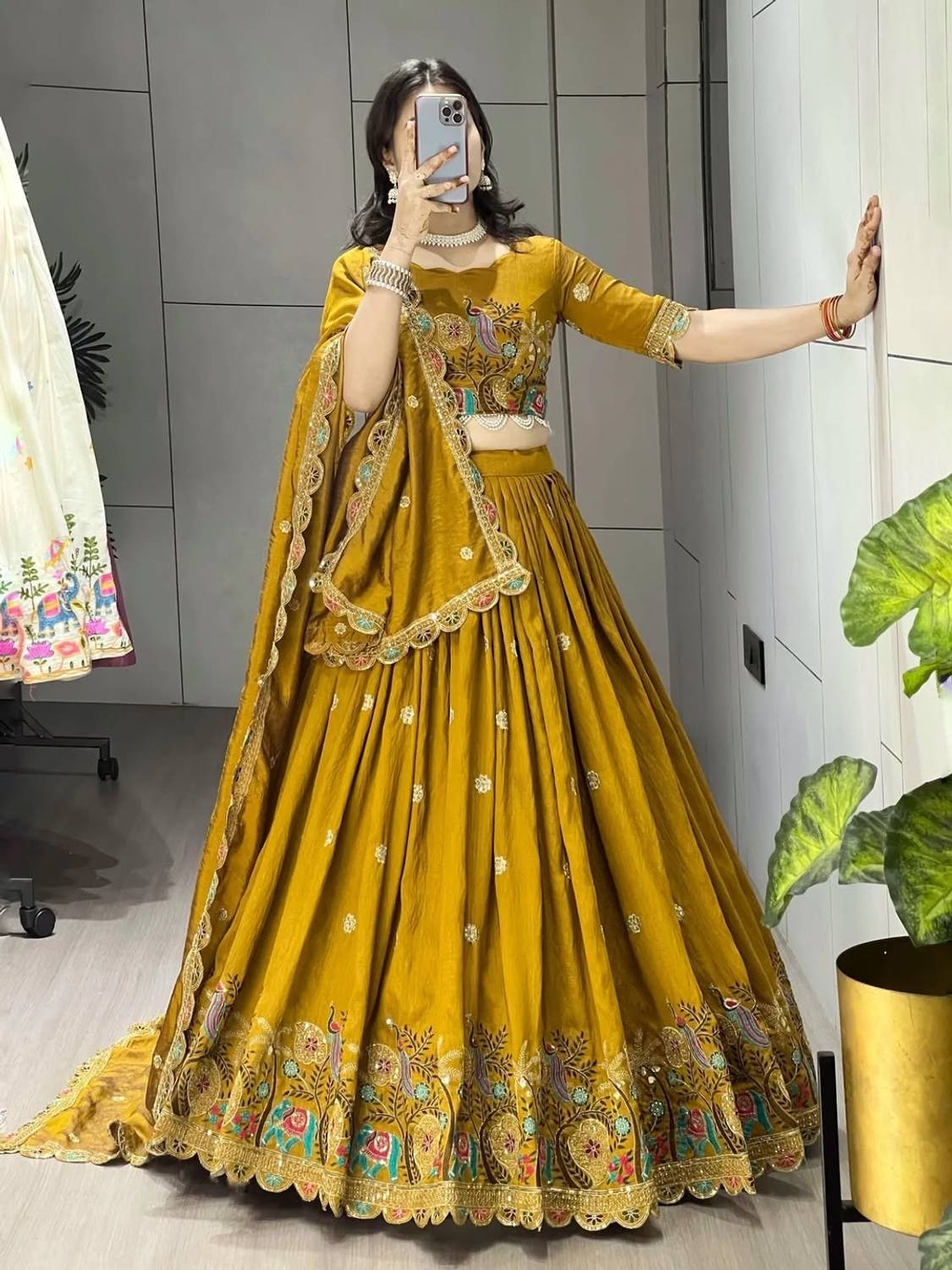 Women's Mustard Yellow Peacock Embroidered Vichitra Silk Semi-Stitched Lehenga Choli Set with Dupatta | Haldi & Festive Wear semi - stitched lehenga choli
