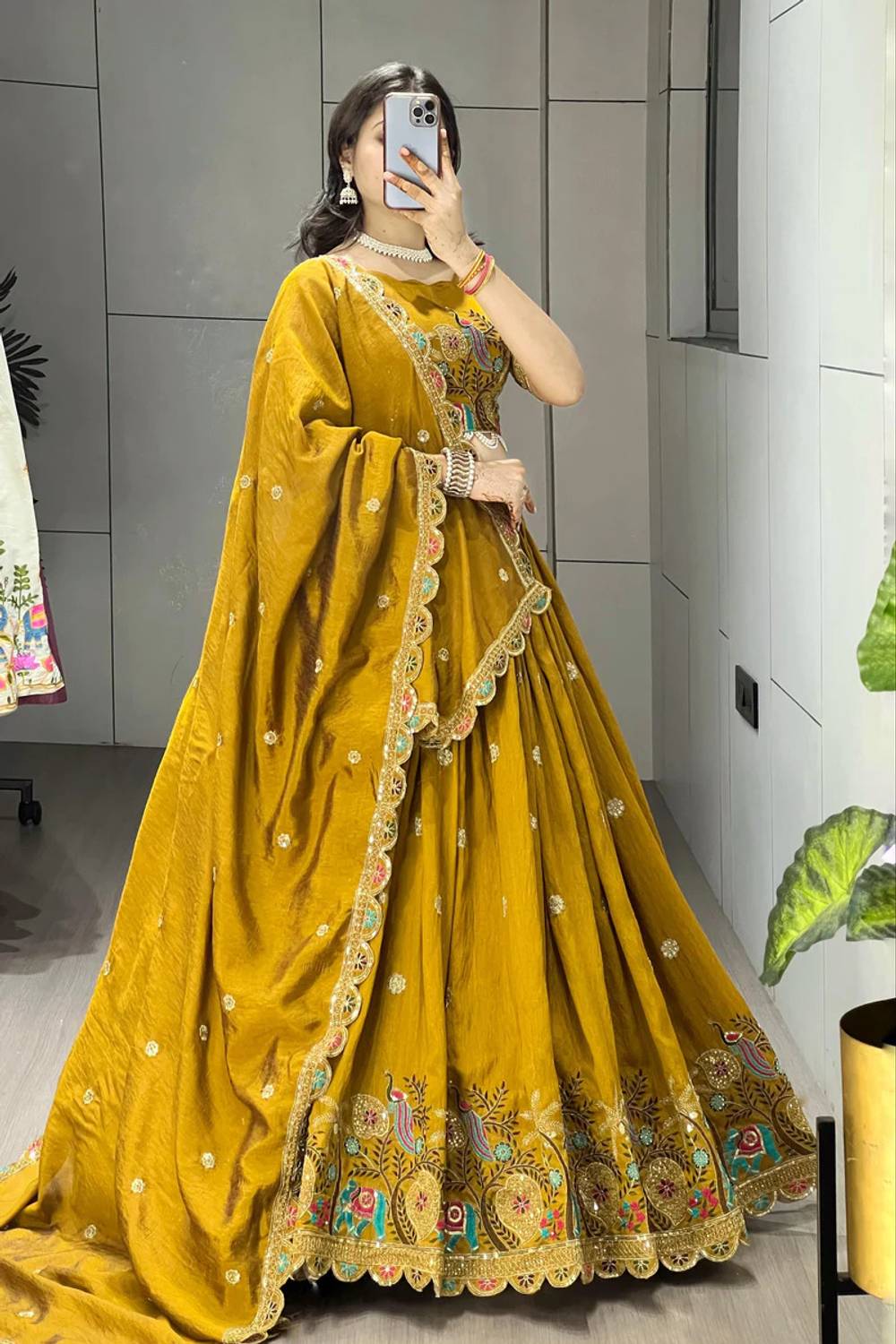 Women's Mustard Yellow Peacock Embroidered Vichitra Silk Semi-Stitched Lehenga Choli Set with Dupatta | Haldi & Festive Wear semi - stitched lehenga choli