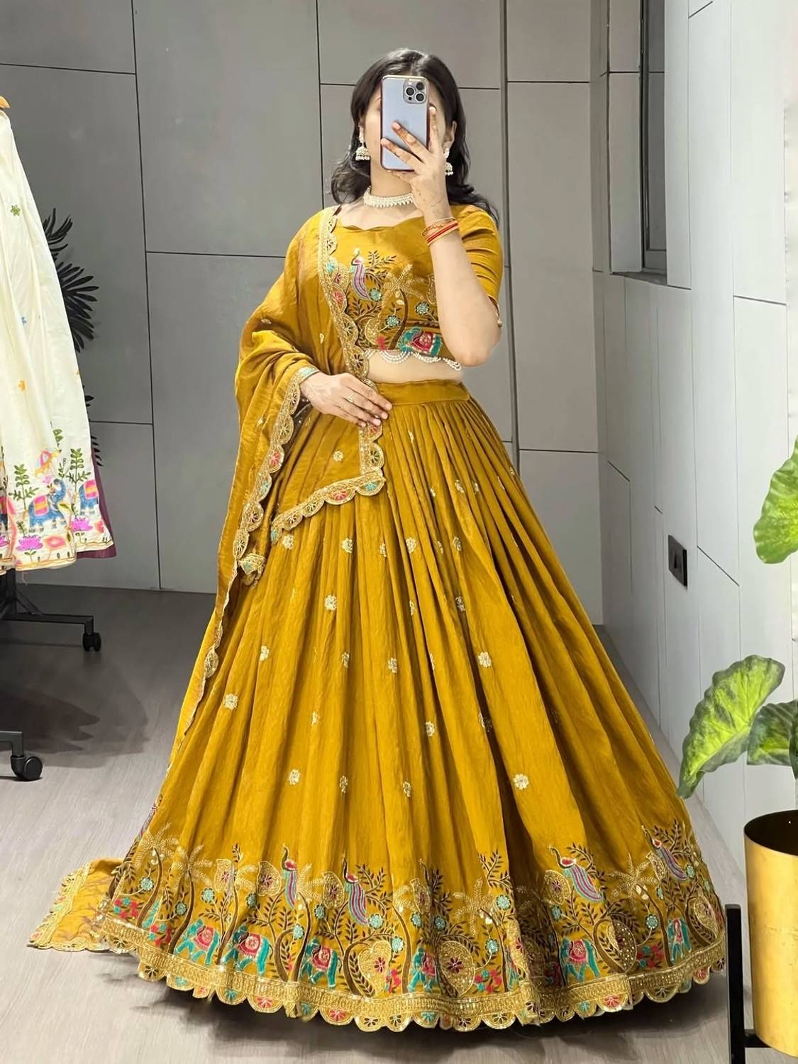 Women's Mustard Yellow Peacock Embroidered Vichitra Silk Semi-Stitched Lehenga Choli Set with Dupatta | Haldi & Festive Wear semi - stitched lehenga choli