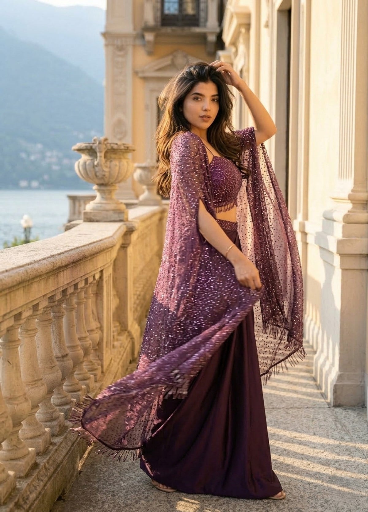 Women Indo Western Dhoti Skirt Set with Shrug Sequins Embroidery Work