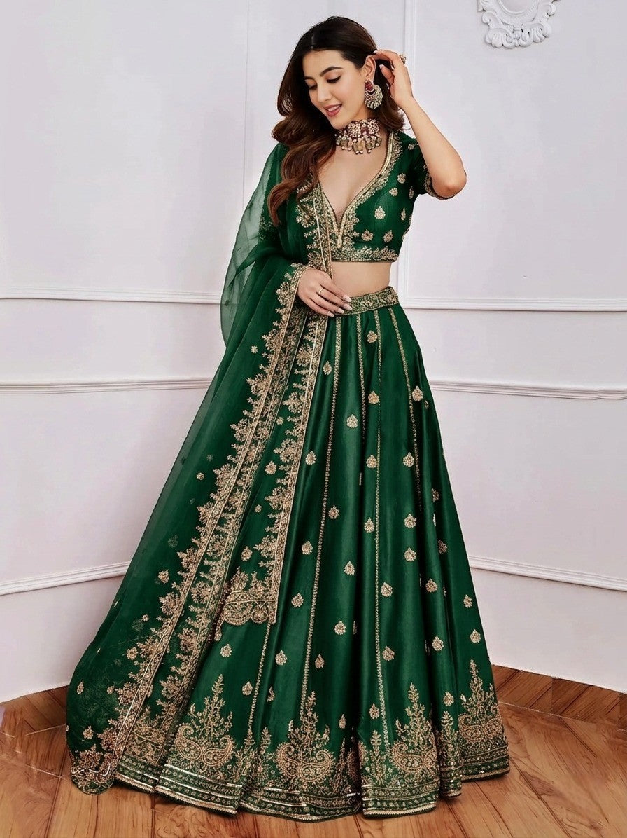 Women's Embroidered Semi-Stitched Lehenga Choli with Net Dupatta Set for Weddings & Festive Wear