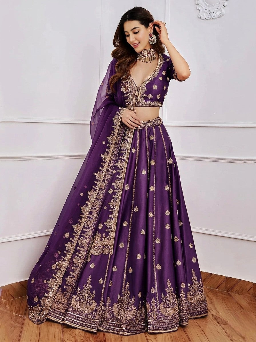 Women's Embroidered Semi-Stitched Lehenga Choli with Net Dupatta Set for Weddings & Festive Wear