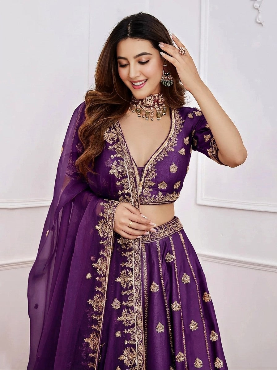 Women's Embroidered Semi-Stitched Lehenga Choli with Net Dupatta Set for Weddings & Festive Wear
