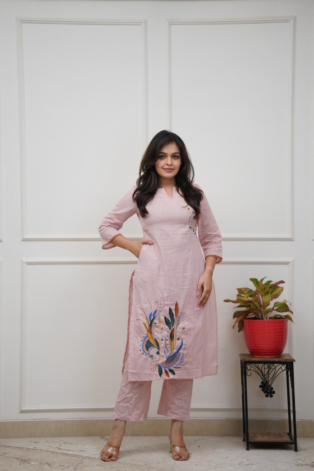 Suppar Sleave Women’s Pink Cotton Co-ords Set with Designer Floral Embroidery | Straight Kurti with 3/4 Sleeves | Ethnic Wear