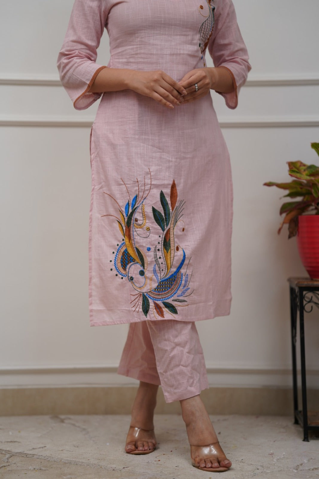 Suppar Sleave Women’s Pink Cotton Co-ords Set with Designer Floral Embroidery | Straight Kurti with 3/4 Sleeves | Ethnic Wear