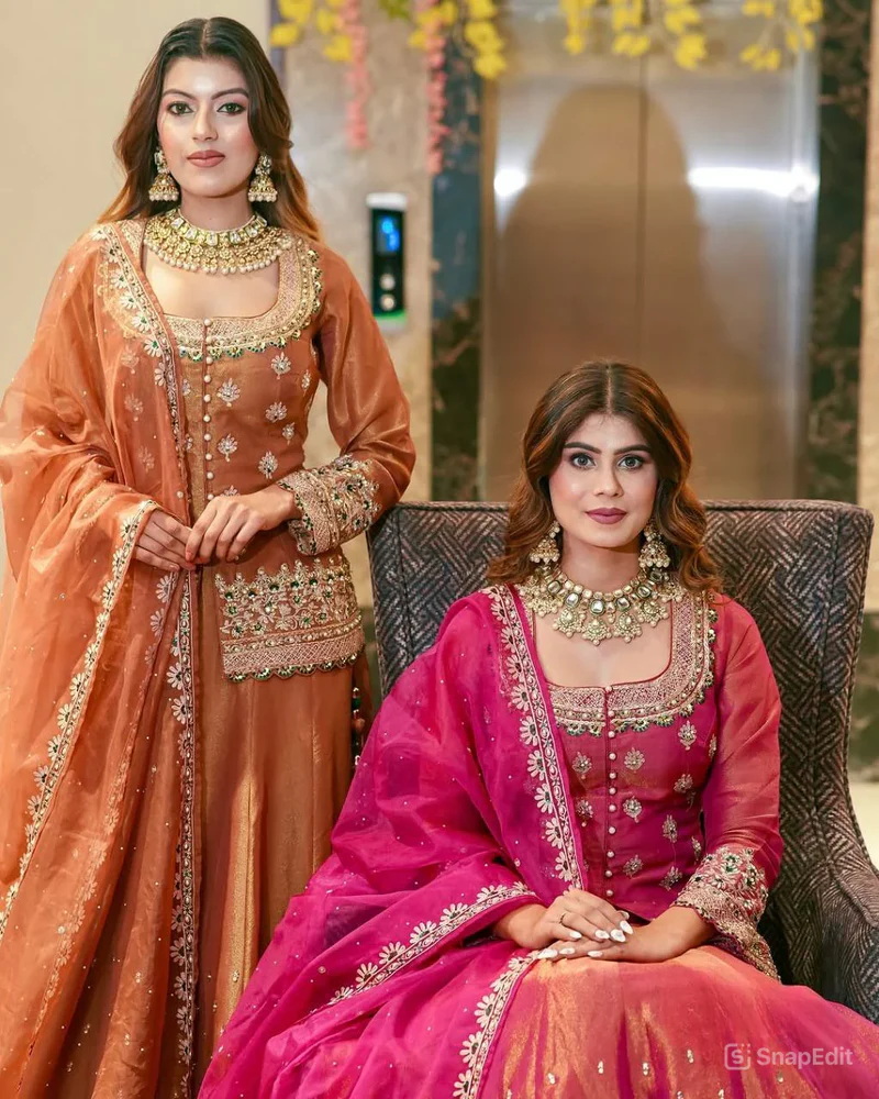 Women’s Chanderi Silk Embroidered Kurta Set with Lehenga Style Bottom & Dupatta | Bollywood Style Embroidery lehenga Choli Set For Woman