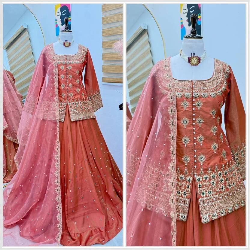 Women’s Chanderi Silk Embroidered Kurta Set with Lehenga Style Bottom & Dupatta | Bollywood Style Embroidery lehenga Choli Set For Woman