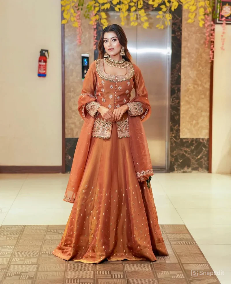 Women’s Chanderi Silk Embroidered Kurta Set with Lehenga Style Bottom & Dupatta | Bollywood Style Embroidery lehenga Choli Set For Woman