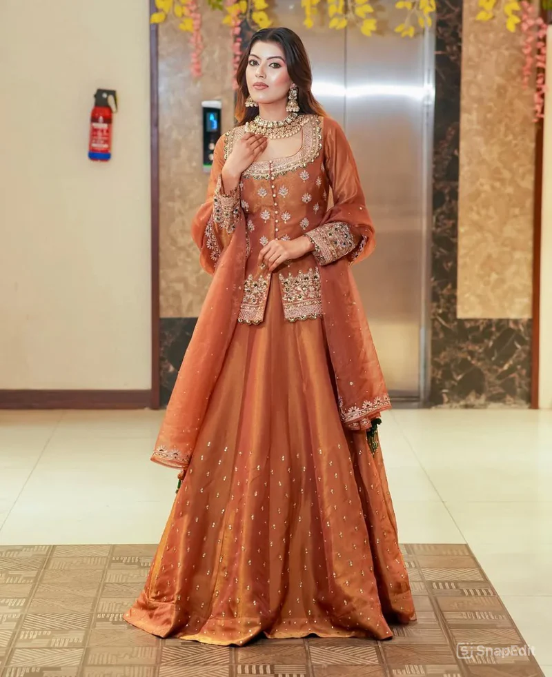 Women’s Chanderi Silk Embroidered Kurta Set with Lehenga Style Bottom & Dupatta | Bollywood Style Embroidery lehenga Choli Set For Woman