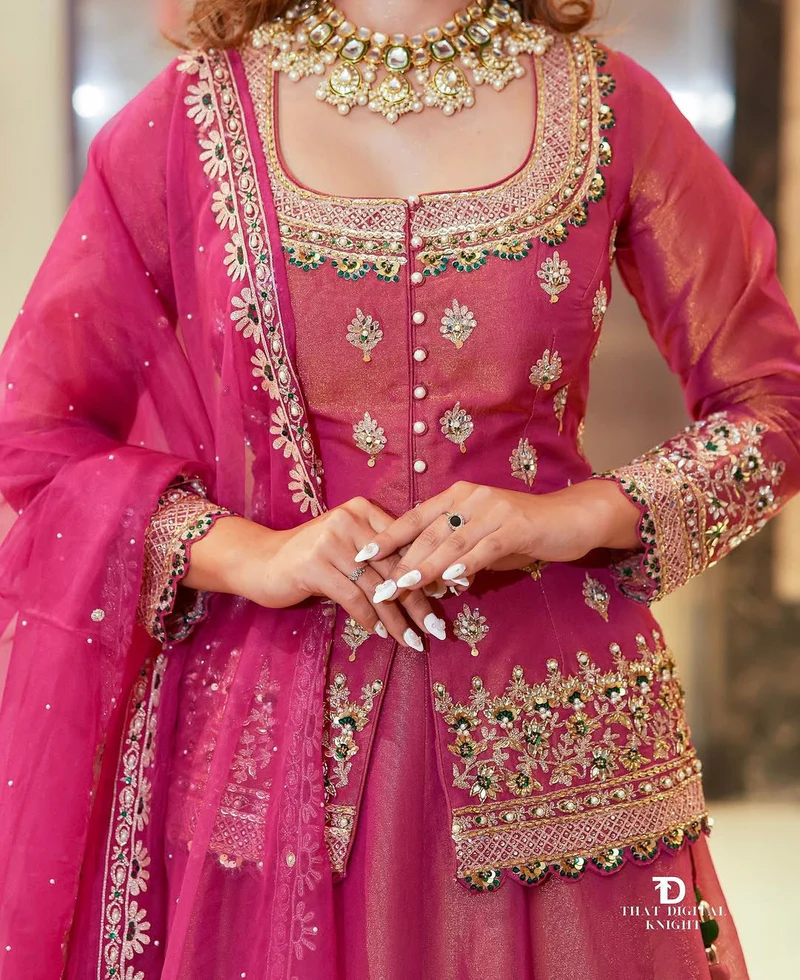 Women’s Chanderi Silk Embroidered Kurta Set with Lehenga Style Bottom & Dupatta | Bollywood Style Embroidery lehenga Choli Set For Woman