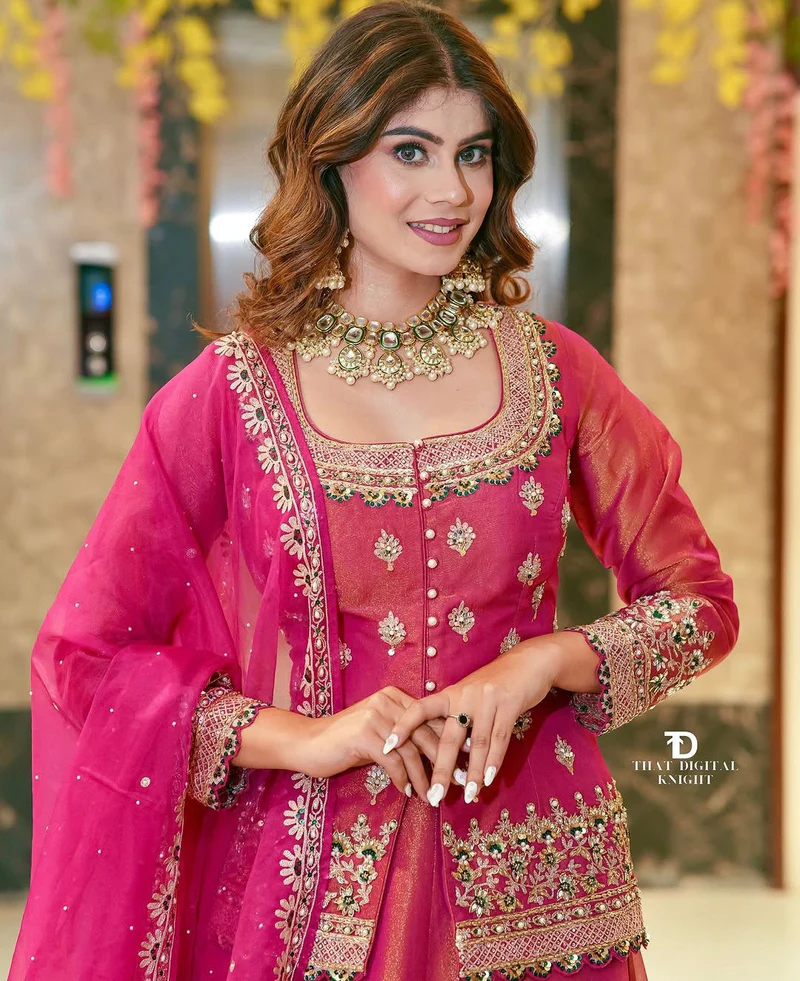Women’s Chanderi Silk Embroidered Kurta Set with Lehenga Style Bottom & Dupatta | Bollywood Style Embroidery lehenga Choli Set For Woman