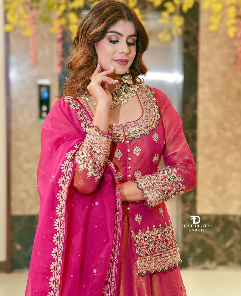 Women’s Chanderi Silk Embroidered Kurta Set with Lehenga Style Bottom & Dupatta | Bollywood Style Embroidery lehenga Choli Set For Woman