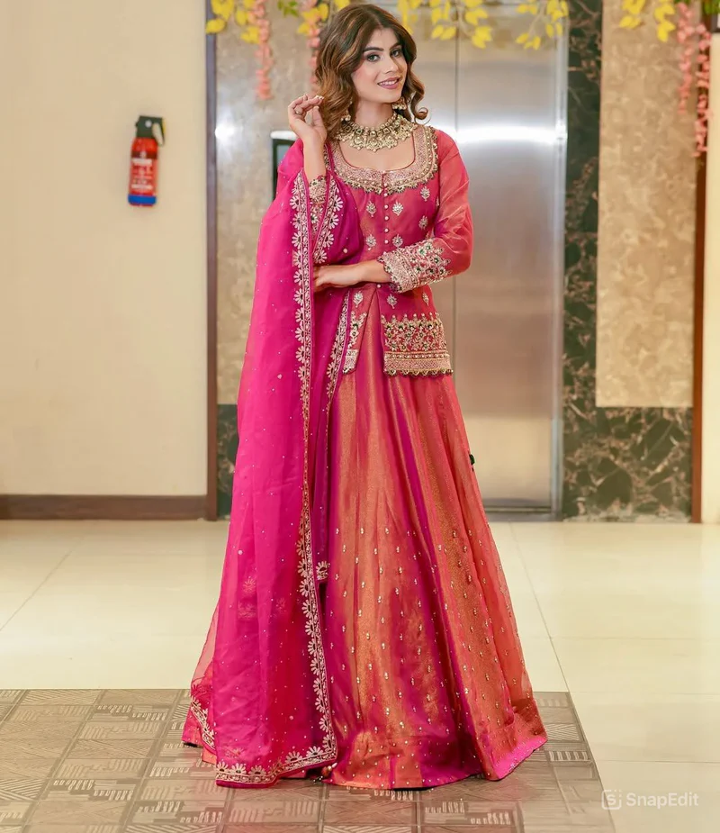 Women’s Chanderi Silk Embroidered Kurta Set with Lehenga Style Bottom & Dupatta | Bollywood Style Embroidery lehenga Choli Set For Woman