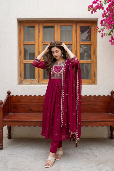 piludi Women’s Embroidered Maroon Kurta Set with Dupatta & Pant | Ethnic Anarkali Style Kurti Set for Festive & Casual Wear