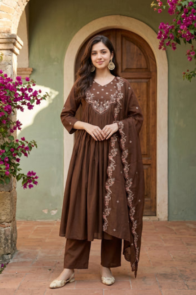 piludi Women’s Brown Anarkali Kurta Set with Dupatta | Embroidered Flared Kurti Pant Set | Festive & Ethnic Wear
