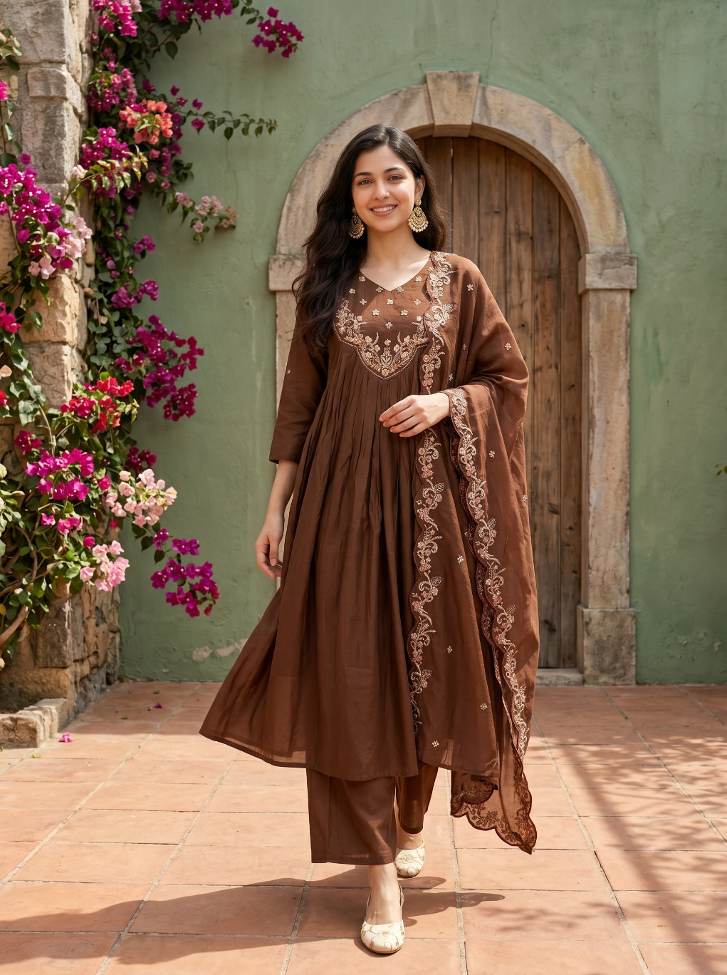 piludi Women’s Brown Anarkali Kurta Set with Dupatta | Embroidered Flared Kurti Pant Set | Festive & Ethnic Wear