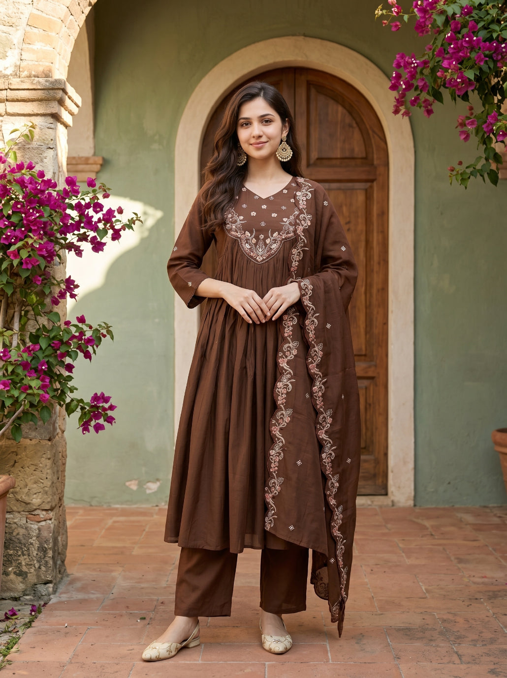 piludi Women’s Brown Anarkali Kurta Set with Dupatta | Embroidered Flared Kurti Pant Set | Festive & Ethnic Wear