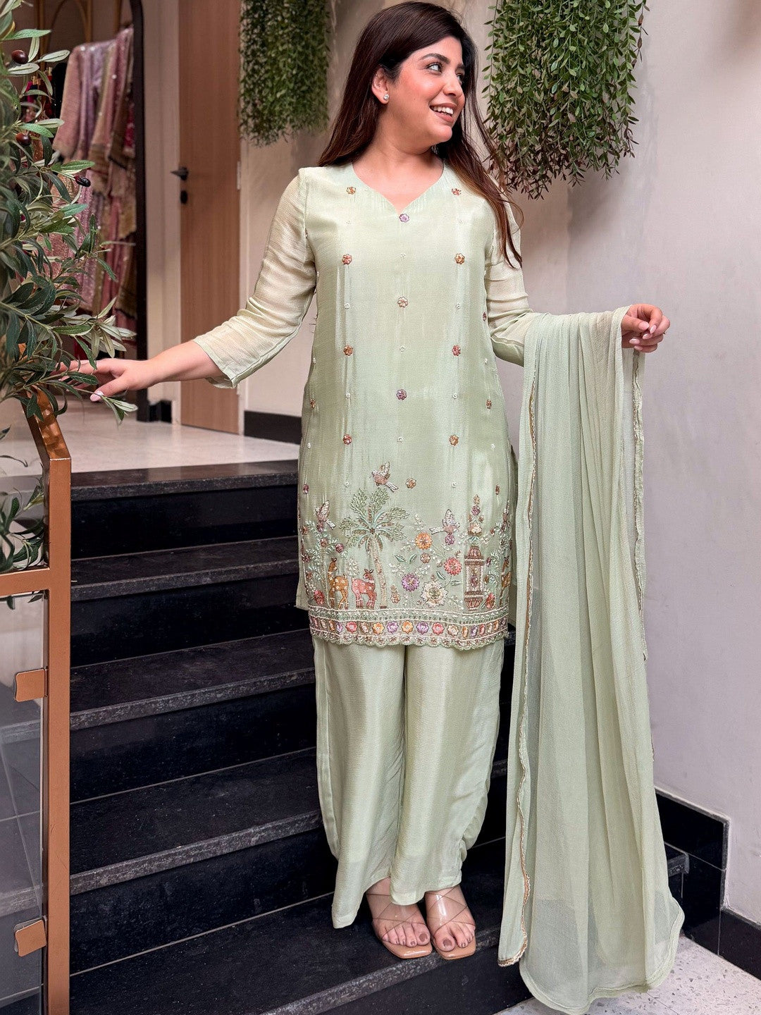 Women’s Pastel Embroidered Suit Set with Dupatta | Elegant Ethnic Wear for Festive & Casual Occasions