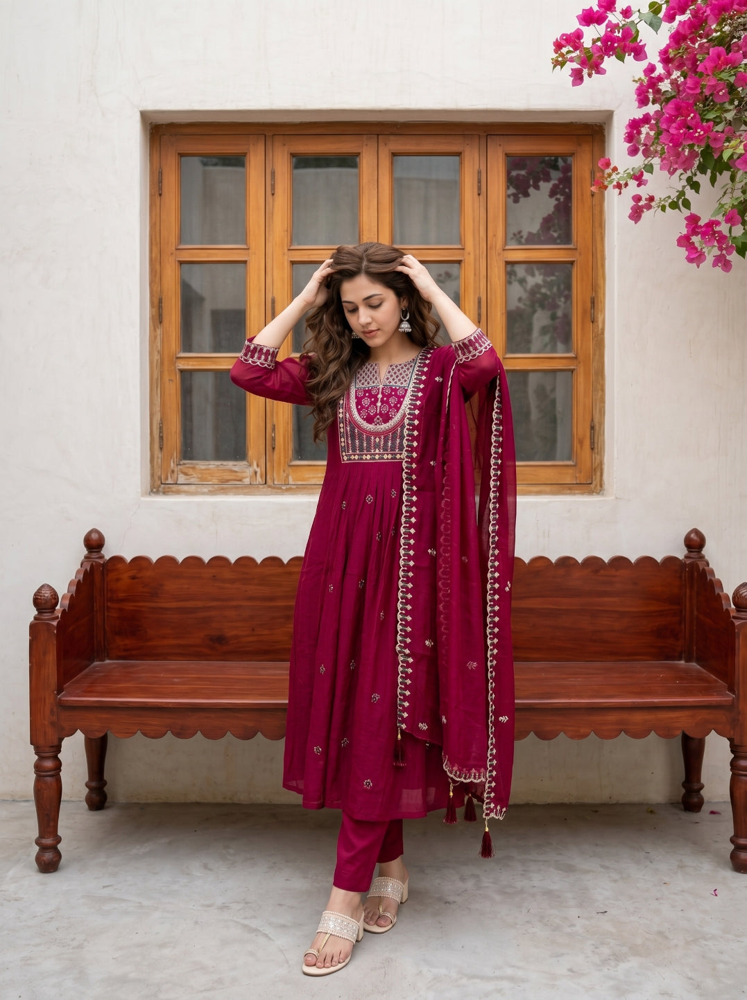 piludi Women’s Embroidered Maroon Kurta Set with Dupatta & Pant | Ethnic Anarkali Style Kurti Set for Festive & Casual Wear