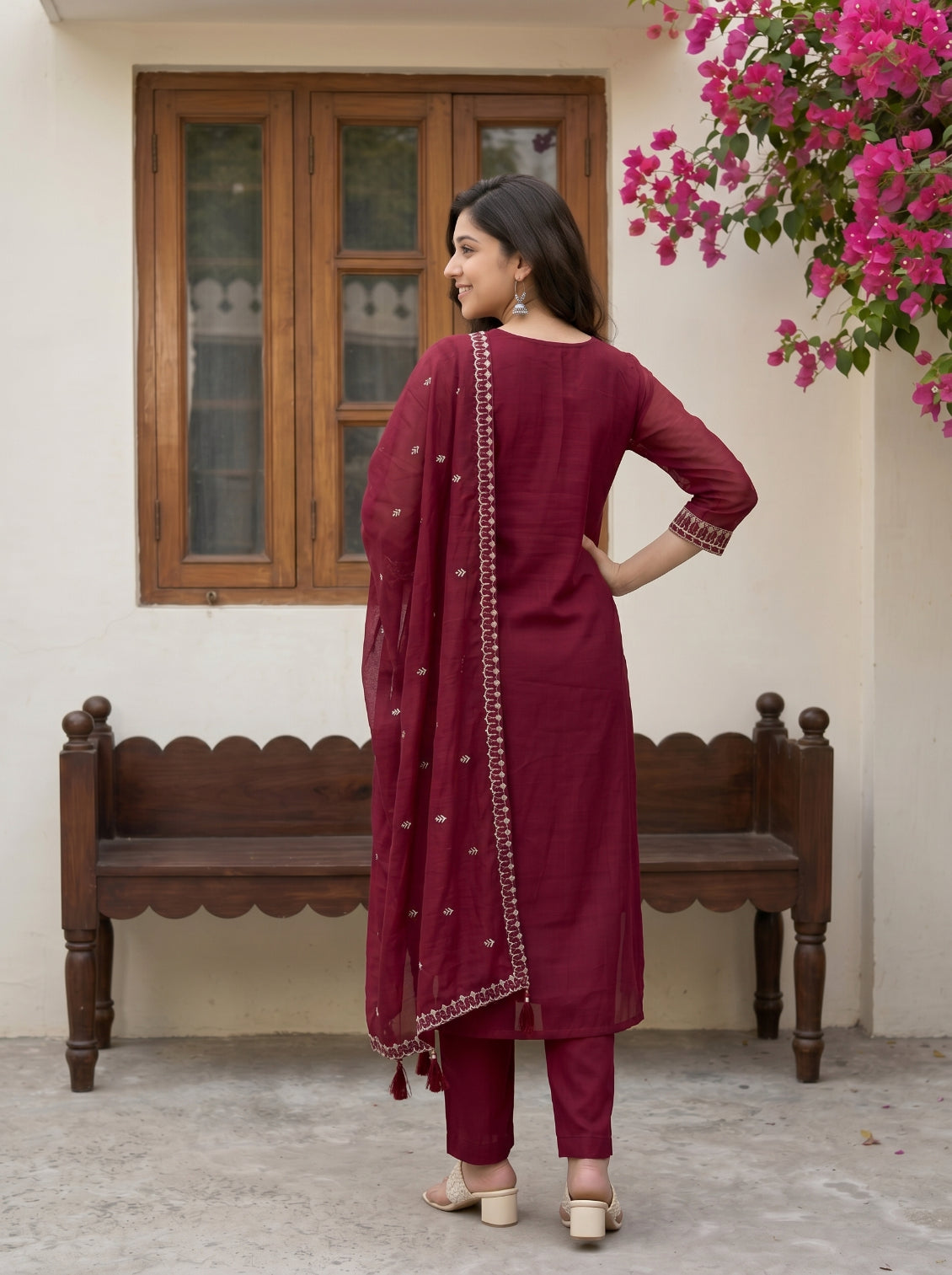 piludi Women’s Embroidered Maroon Kurta Set with Dupatta & Pant | Ethnic Anarkali Style Kurti Set for Festive & Casual Wear