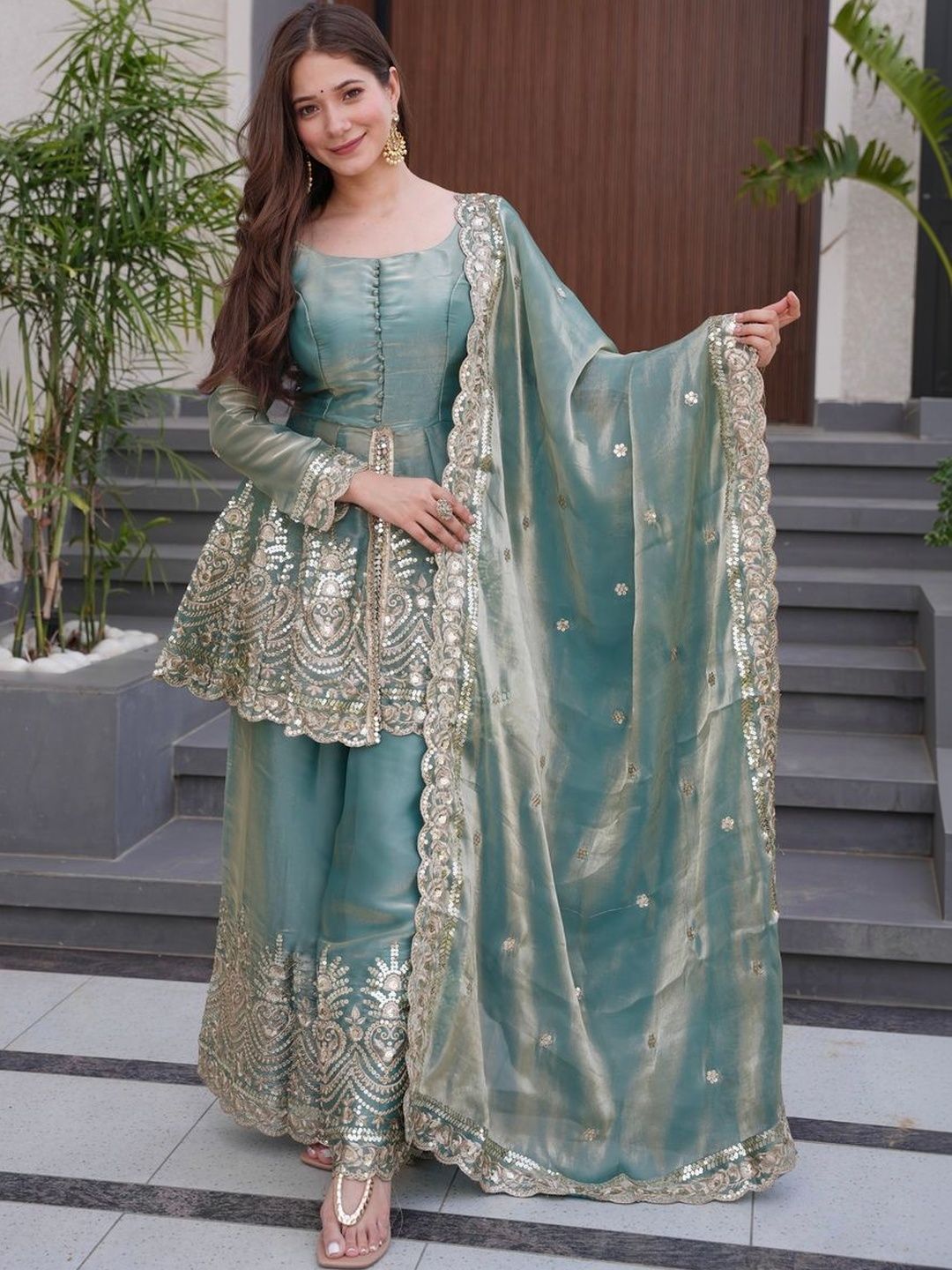 Women Embroidered Sharara Dupatta Set Sky Blue Fandy Fabric Kurta Sharara Set with 3/4 Sleeves Elegant Ethnic Wear for Women