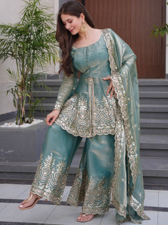 Women Embroidered Sharara Dupatta Set Sky Blue Fandy Fabric Kurta Sharara Set with 3/4 Sleeves Elegant Ethnic Wear for Women