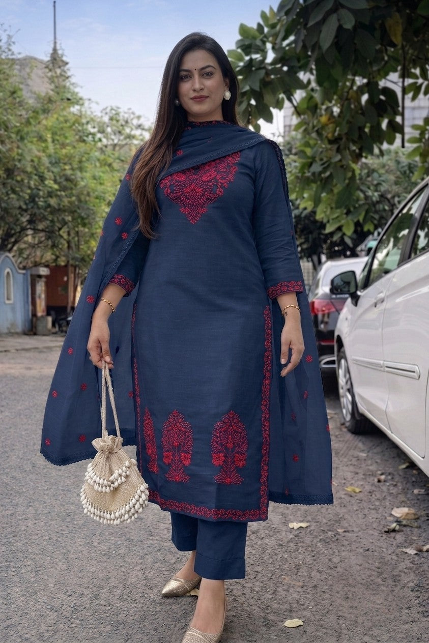 Women's Cotton Slub Embroidered Kurta Pant Dupatta Set | Ethnic Suit Set for Women | Kurta with Embroidered Dupatta