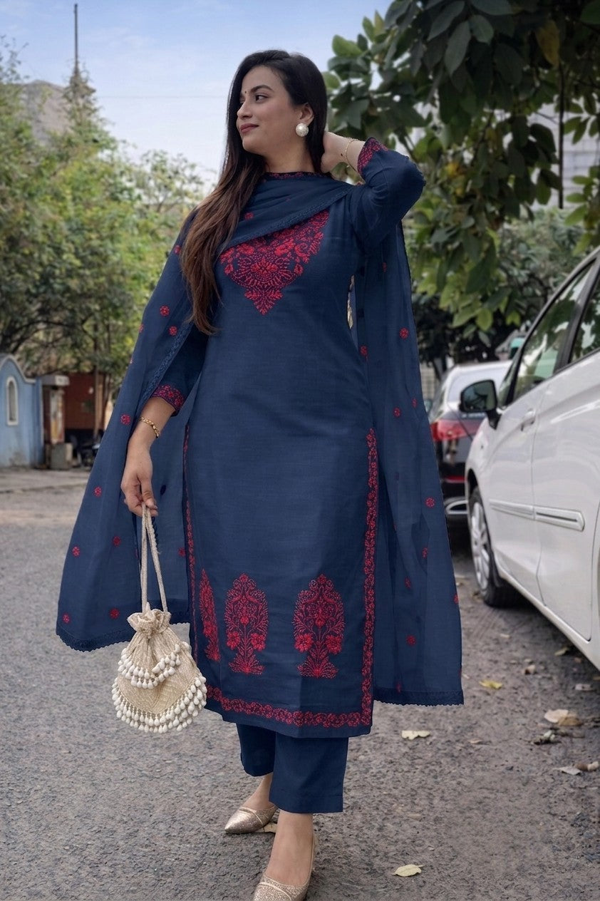 Women's Cotton Slub Embroidered Kurta Pant Dupatta Set | Ethnic Suit Set for Women | Kurta with Embroidered Dupatta