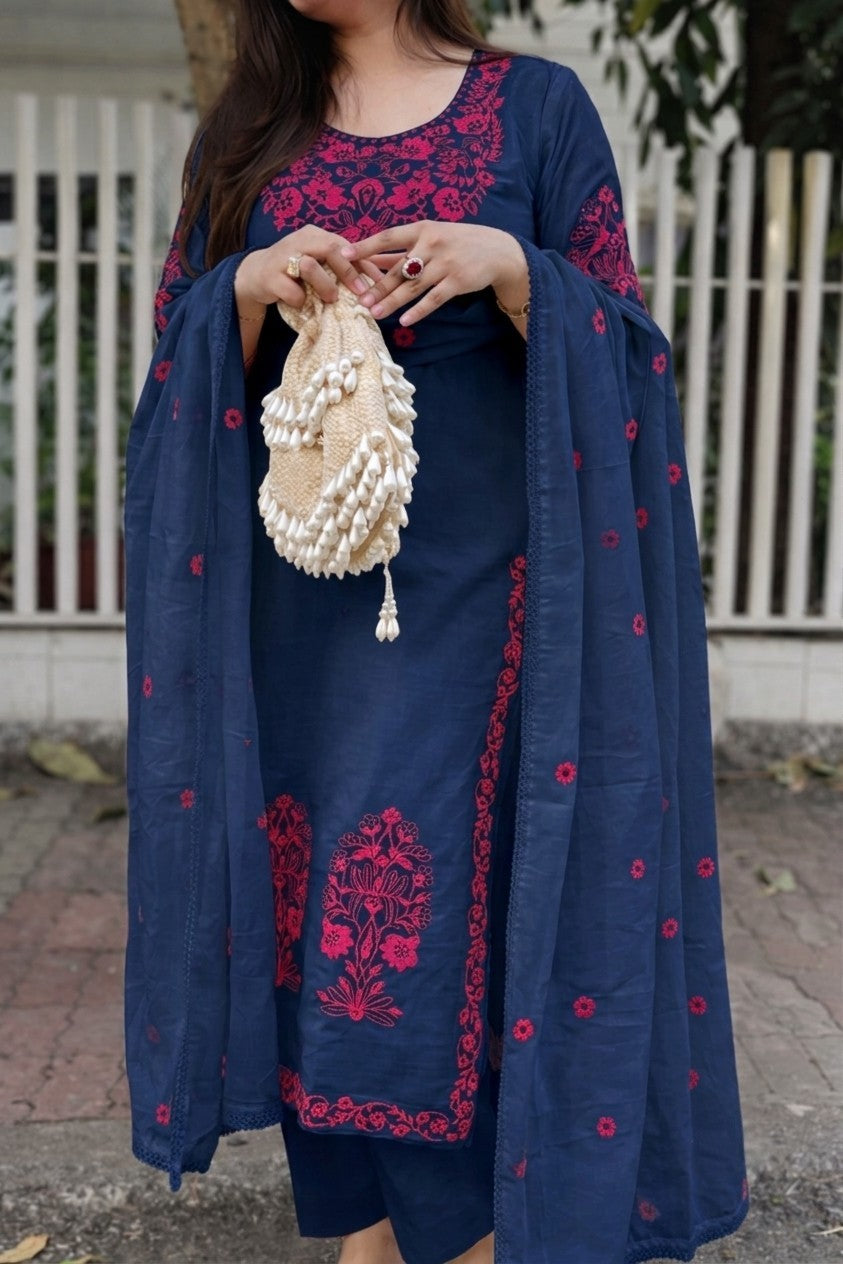 Women's Cotton Slub Embroidered Kurta Pant Dupatta Set | Ethnic Suit Set for Women | Kurta with Embroidered Dupatta