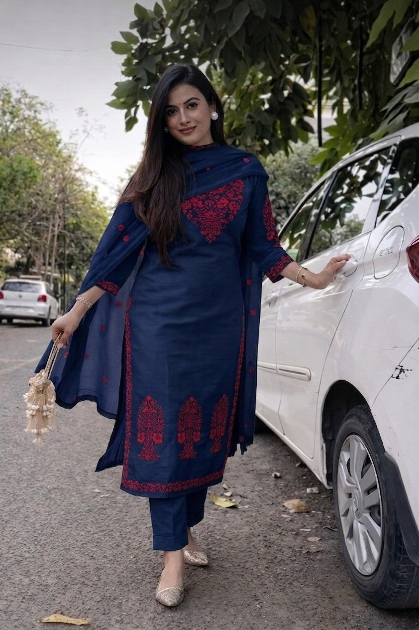 Women's Cotton Slub Embroidered Kurta Pant Dupatta Set | Ethnic Suit Set for Women | Kurta with Embroidered Dupatta