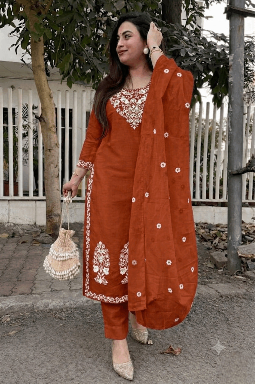 Women's Cotton Slub Embroidered Kurta Pant Dupatta Set | Ethnic Suit Set for Women | Straight Kurta with Embroidered Dupatta