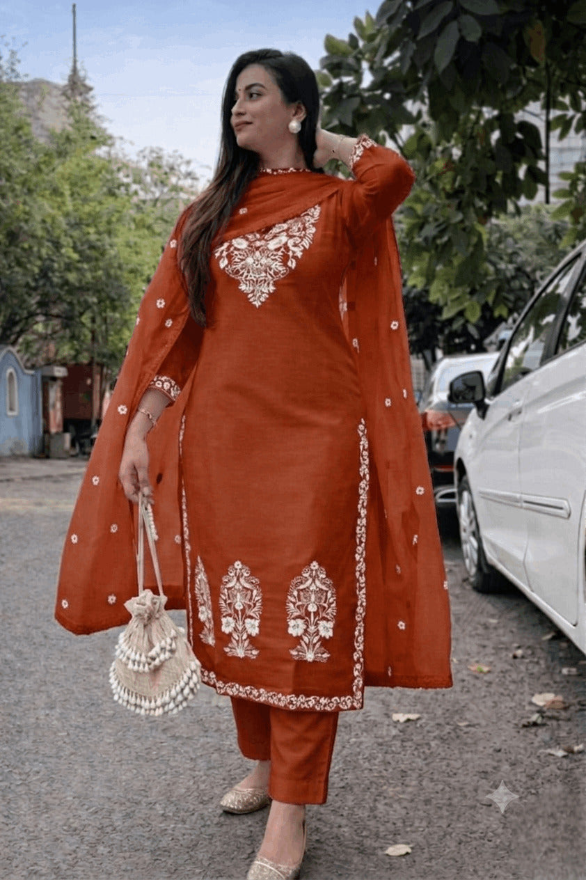 Women's Cotton Slub Embroidered Kurta Pant Dupatta Set | Ethnic Suit Set for Women | Straight Kurta with Embroidered Dupatta