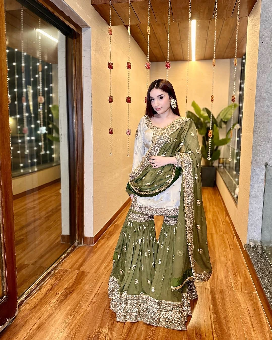 Silk Embroidered Cream Kurti Set for Women – 3/4th Sleeve Round Neck Above Knee Kurta with Mehndi Green Sharara & Dupatta - Festive Ethnic| Party|Wedding|Holiday|mehndi