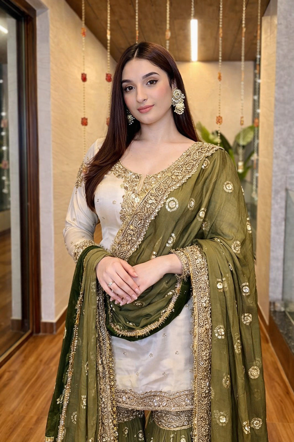 Silk Embroidered Cream Kurti Set for Women – 3/4th Sleeve Round Neck Above Knee Kurta with Mehndi Green Sharara & Dupatta - Festive Ethnic| Party|Wedding|Holiday|mehndi
