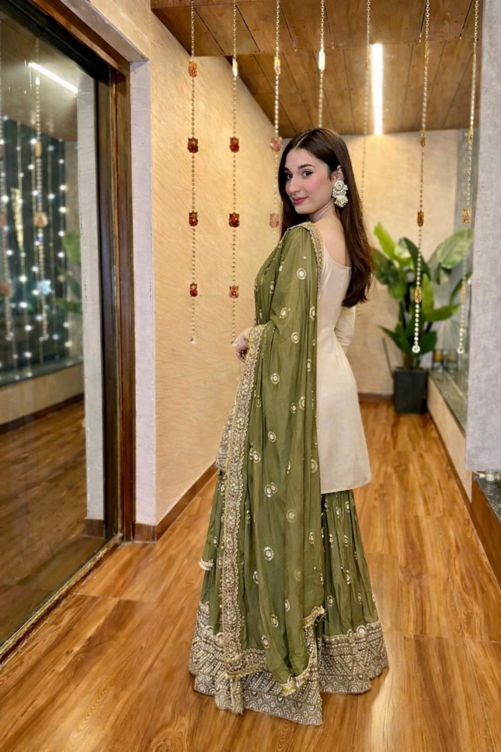 Silk Embroidered Cream Kurti Set for Women – 3/4th Sleeve Round Neck Above Knee Kurta with Mehndi Green Sharara & Dupatta - Festive Ethnic| Party|Wedding|Holiday|mehndi