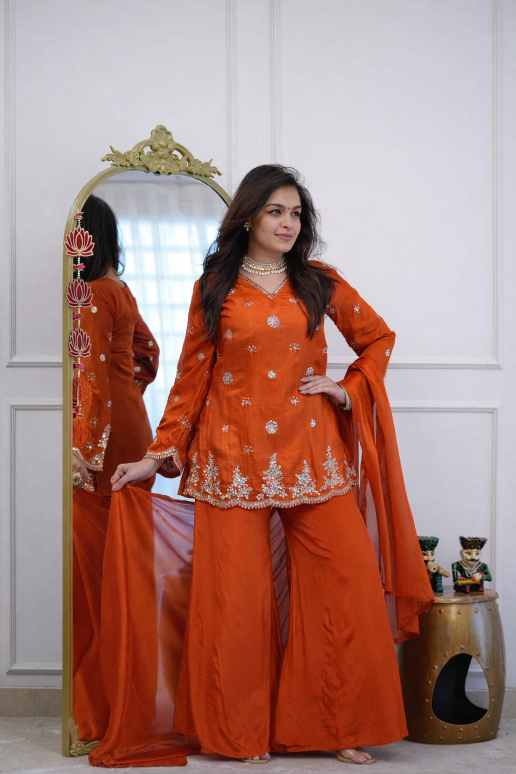 Women Ethnic Motifs Embroidered Regular Thread Work Silk Crepe Kurta with Palazzos & With Dupatta