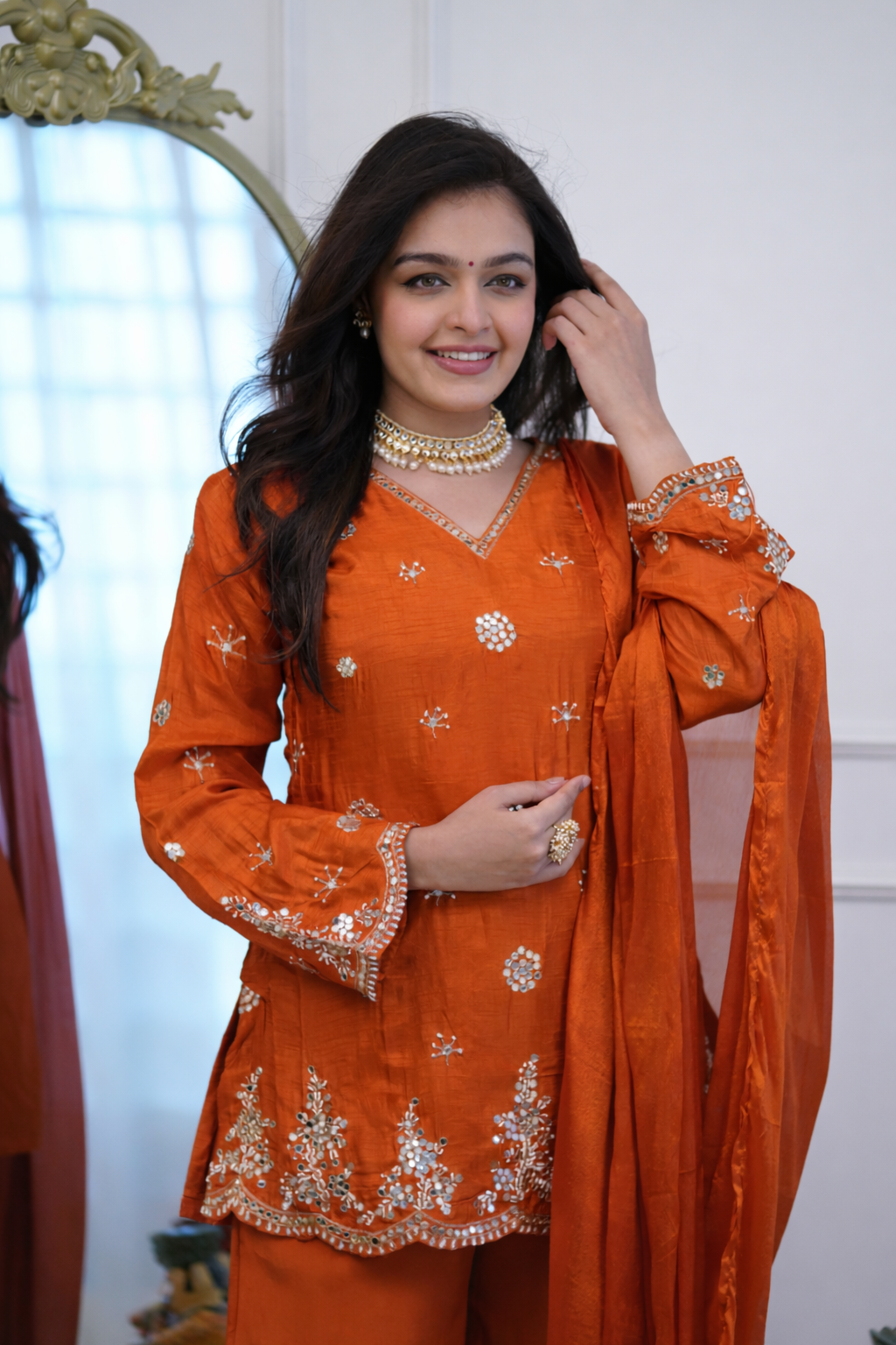 Women Ethnic Motifs Embroidered Regular Thread Work Silk Crepe Kurta with Palazzos & With Dupatta