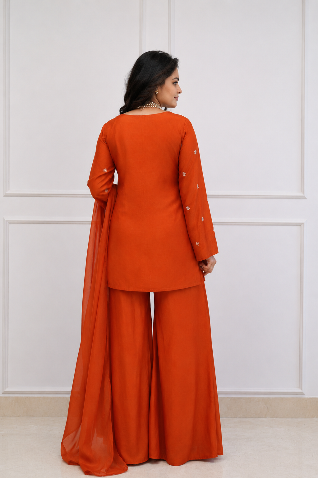 Women Ethnic Motifs Embroidered Regular Thread Work Silk Crepe Kurta with Palazzos & With Dupatta