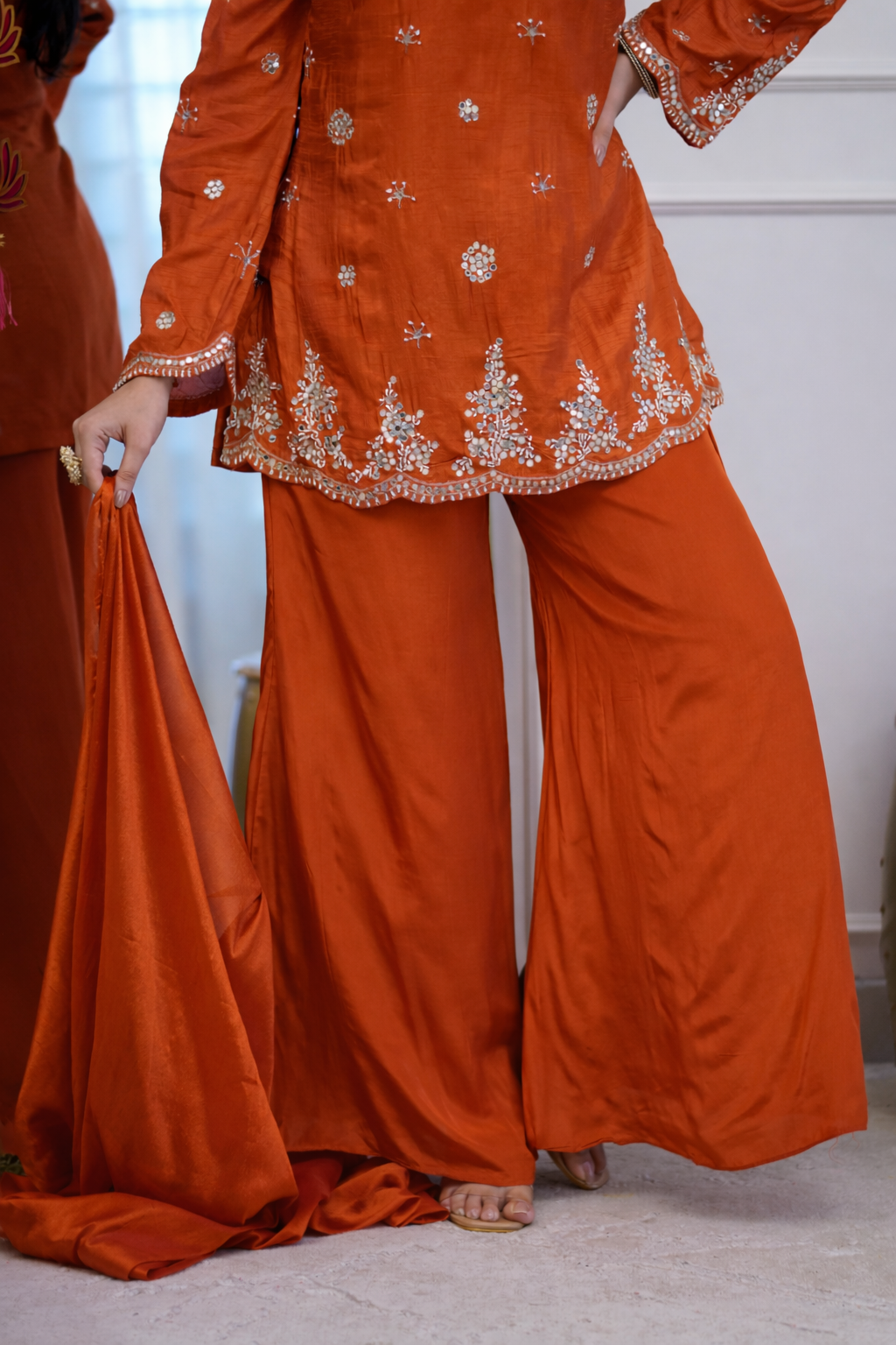 Women Ethnic Motifs Embroidered Regular Thread Work Silk Crepe Kurta with Palazzos & With Dupatta