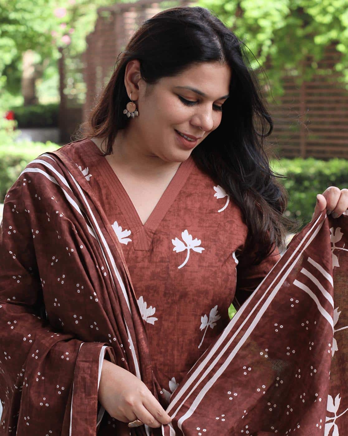 Women's Brown Cotton Floral Print Kurta with Palazzo Pant and Dupatta | Ethnic Set | Suit Set | Kurta Set