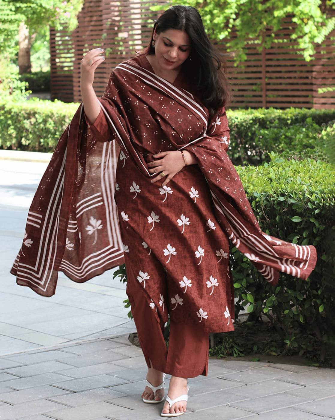 Women's Brown Cotton Floral Print Kurta with Palazzo Pant and Dupatta | Ethnic Set | Suit Set | Kurta Set